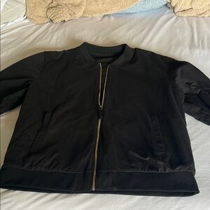 Black Bomber Jacket with Ribbed Cuffs and Stand-Up Collar